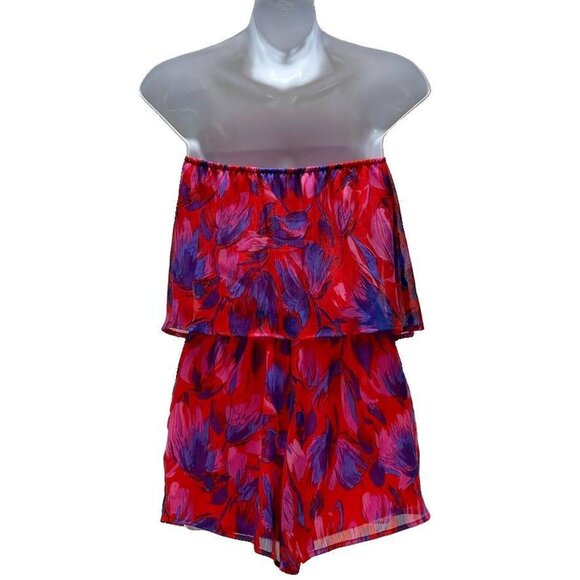 Strapless Floral Red & Purple Romper By Honey Punch Small Polyester & Rayon Ligh - Picture 2 of 4